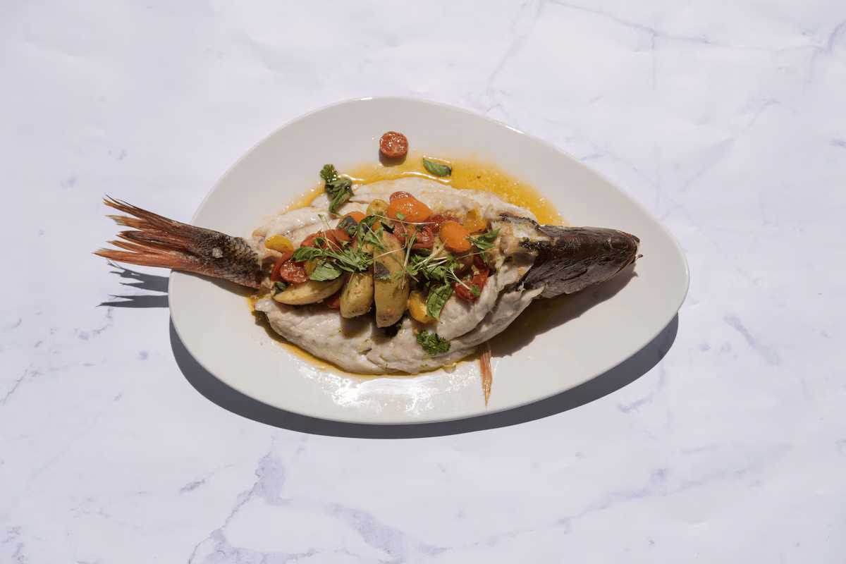 Grilled fish garnished with vegetables and herbs on a white plate