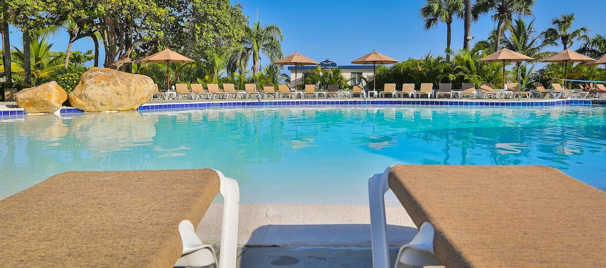 Poolside scene with lounge chairs, umbrellas, trees, and a clear blue sky.