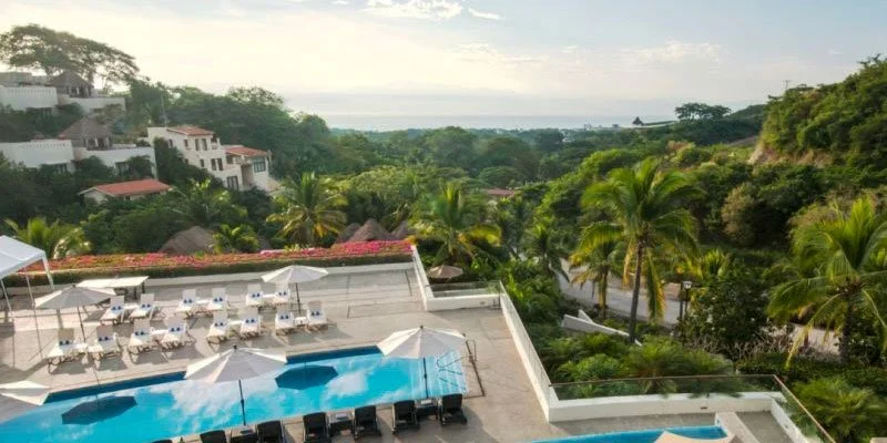 Swimming pool area with lounge chairs and umbrellas, surrounded by palm trees and lush greenery, overlooking a hilly landscape with houses and trees.