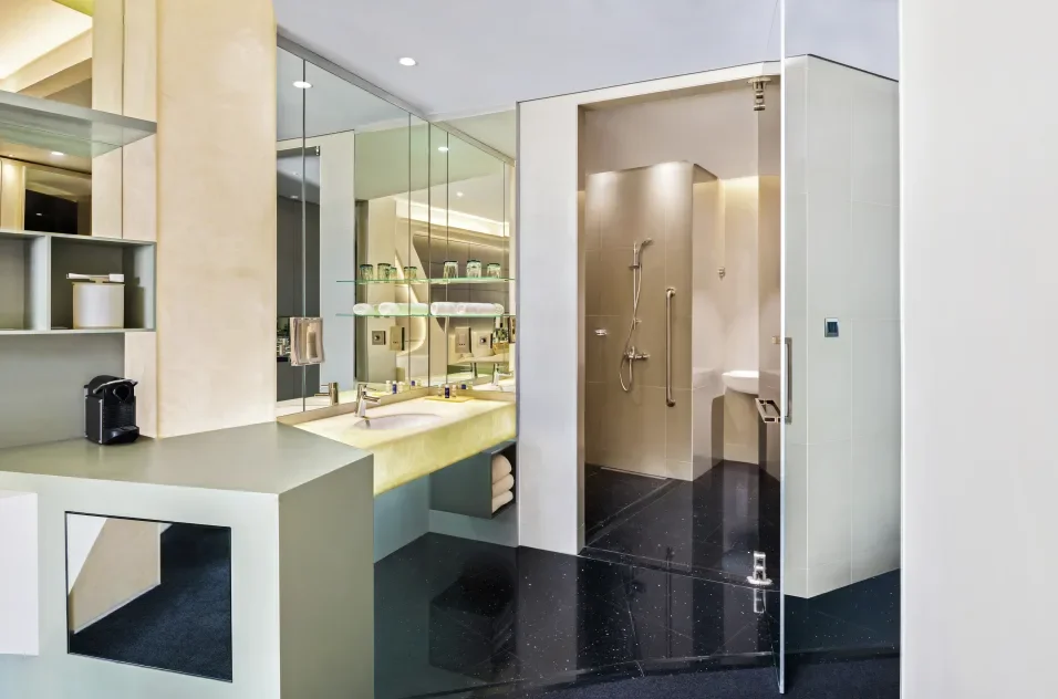 Modern hotel bathroom with large mirror, double sink, and a walk-in shower with grab bars.