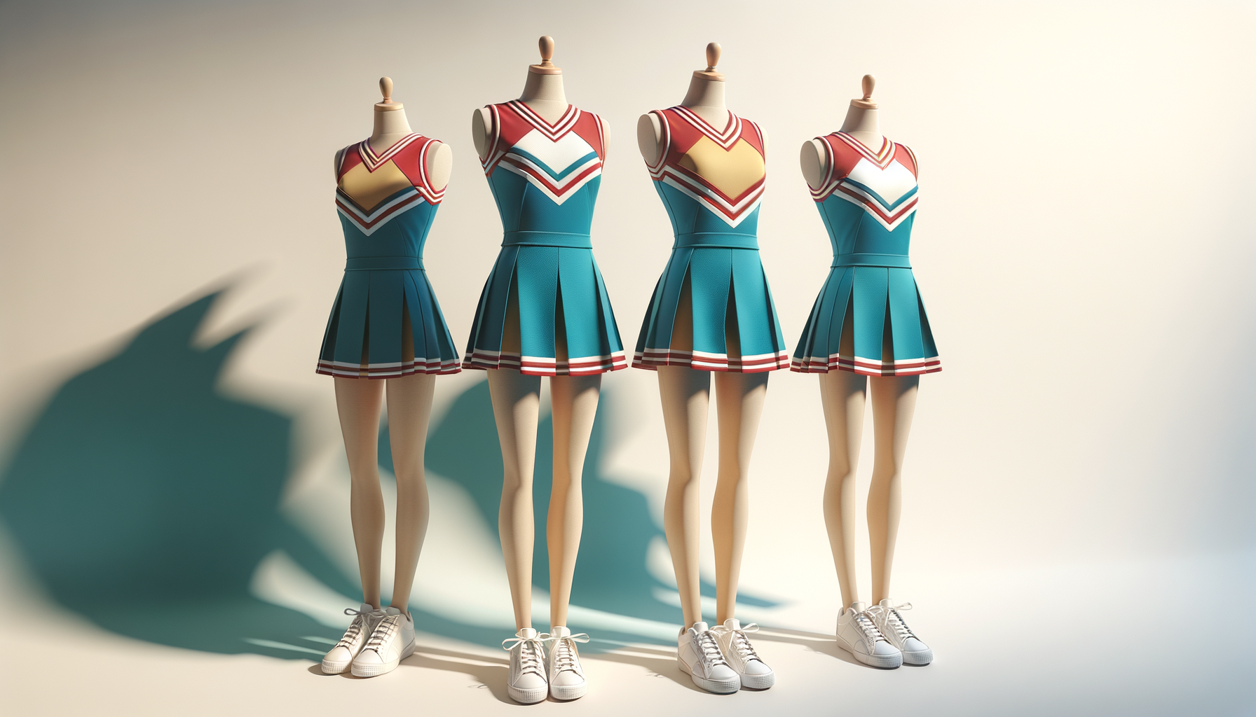 Six mannequins dressed in colorful cheerleading uniforms with plaid patterns, white sneakers, and standing on a neutral background.