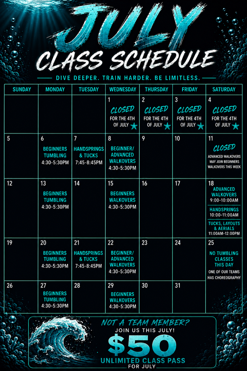 July class schedule for a swimming or water aerobics program, showing dates and times for beginner, advanced, and other water fitness classes, with promotional offer details.