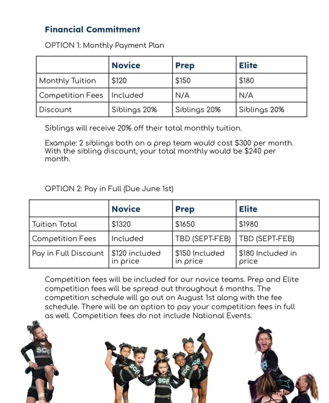 A flyer detailing dance team membership options, including prices, discounts, and payment plans. The flyer is decorated with photos of young dancers at the bottom.
