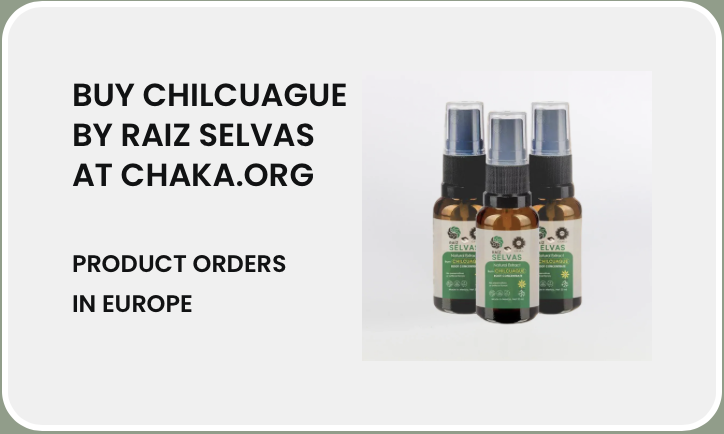 Advertisement for buying Chilcuague from Raiz Selvas at Chakaworld.org, with a picture of three small bottles of spray on the right side.