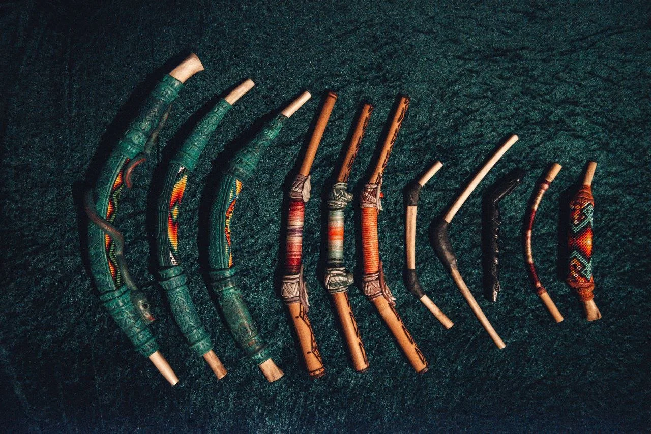 A row of traditional indigenous musical wind instruments, possibly flutes or pipes, with carved and painted wooden bodies, arranged on a dark textured surface.