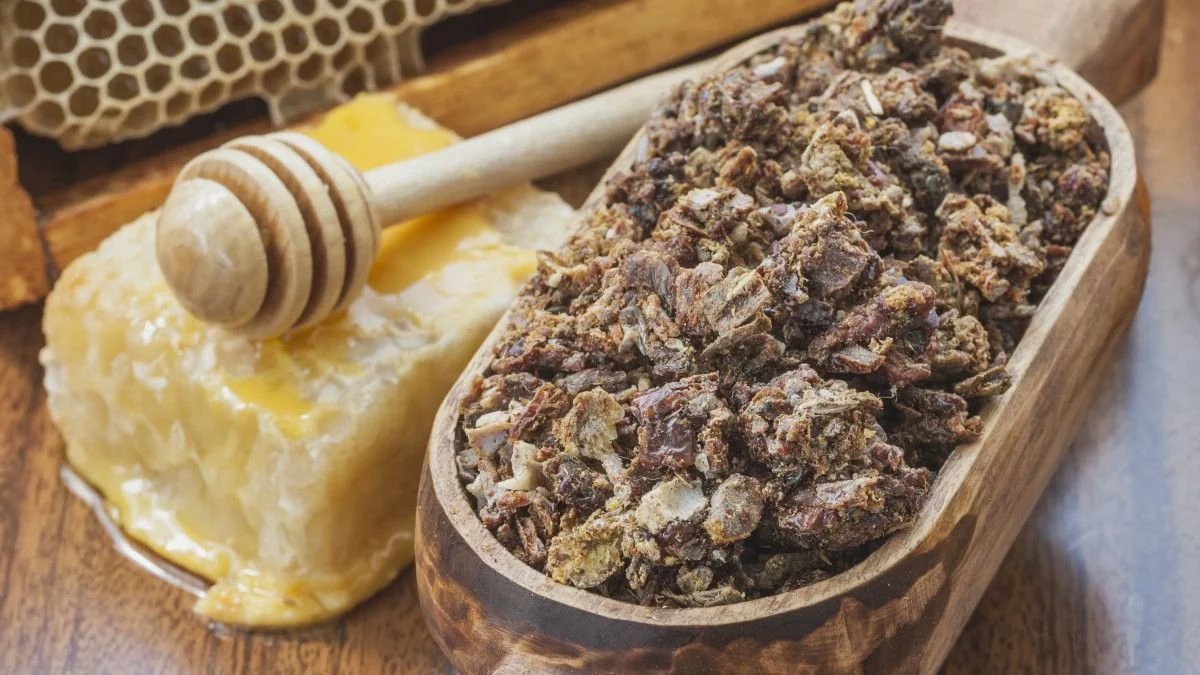 Close-up of chunks of honeycomb with a honey dipper and a block of beeswax on a wooden surface.