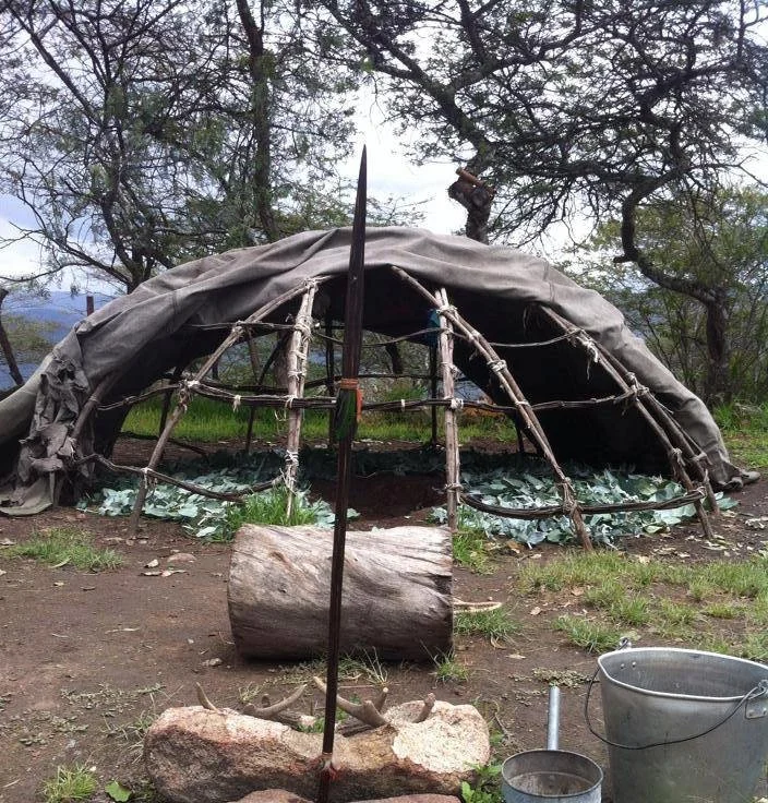 A makeshift shelter made of wooden sticks and tarp, set up outdoors in a natural setting with trees and grass. In front of the shelter, there's a large log and two small rocks and a metal bucket. Temazcal, womb of the Mother, Ecuador, ZhuracPamba