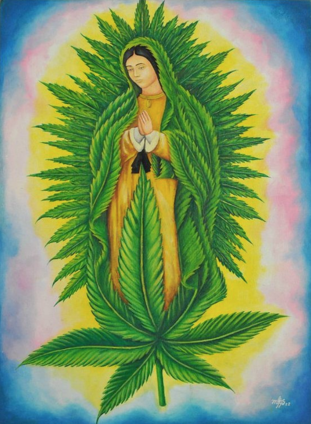Religious depiction of the Virgin Mary surrounded by large cannabis leaves.