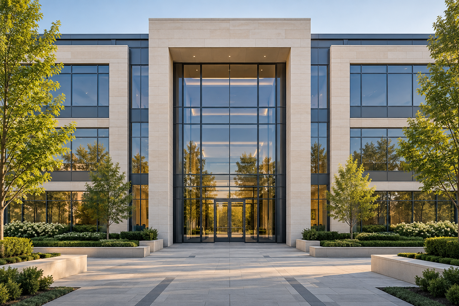 Modern glass and limestone office building entrance