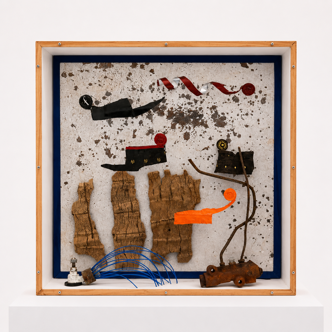Out of this World 3 / 2020 / Materials: Coconut tree bark, wine bottle foils, painted canvas, electetrical wire, hardware, seed pod fiber, wood, and plexiglass cover