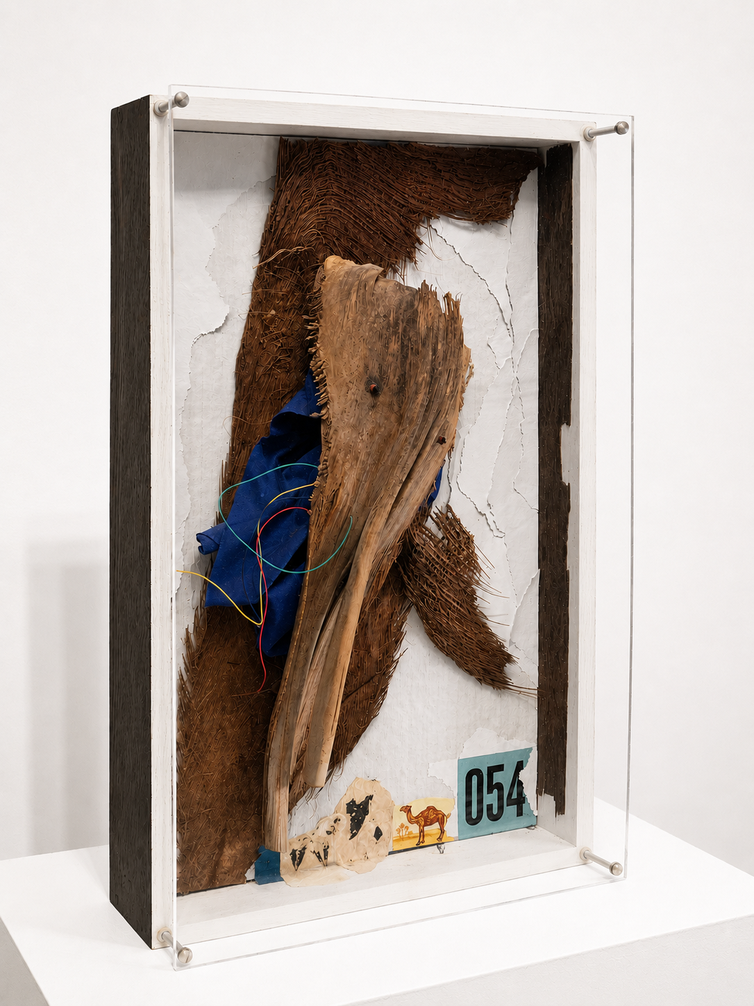 054 / 2002 / Materials: Found coconut tree materials, miscellaneous paper, camel cigarette box, parking ticket, electrical wire, metal screws, wood and acrylic cover