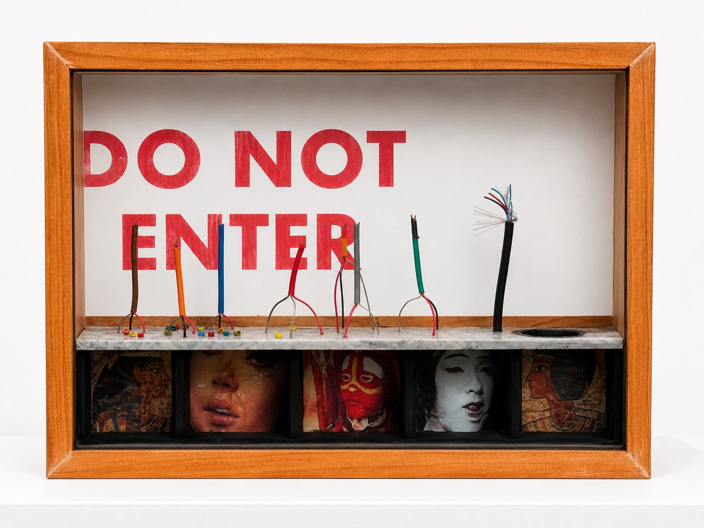 Do Not Enter / 2020 / Materials: Electrical wire, magazine clippings, printed paper, wood, beveled glass