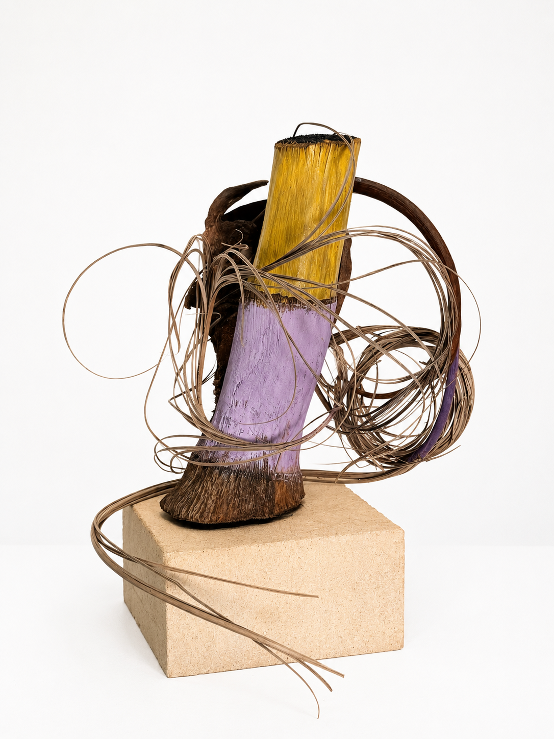 Tangled Hoof / 2025 / Materials: Garden clippings, paint, palm tree trunk, fire brick base from pizza oven