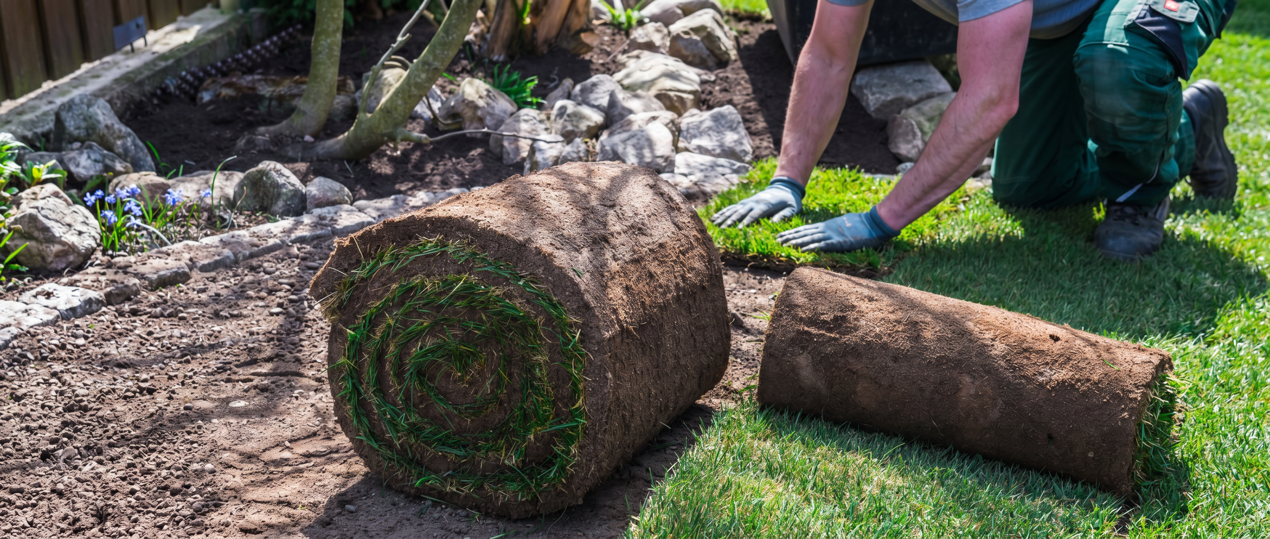 Pose de rouleaux de gazon naturel dans un jardin lors d’un aménagement paysager professionnel.