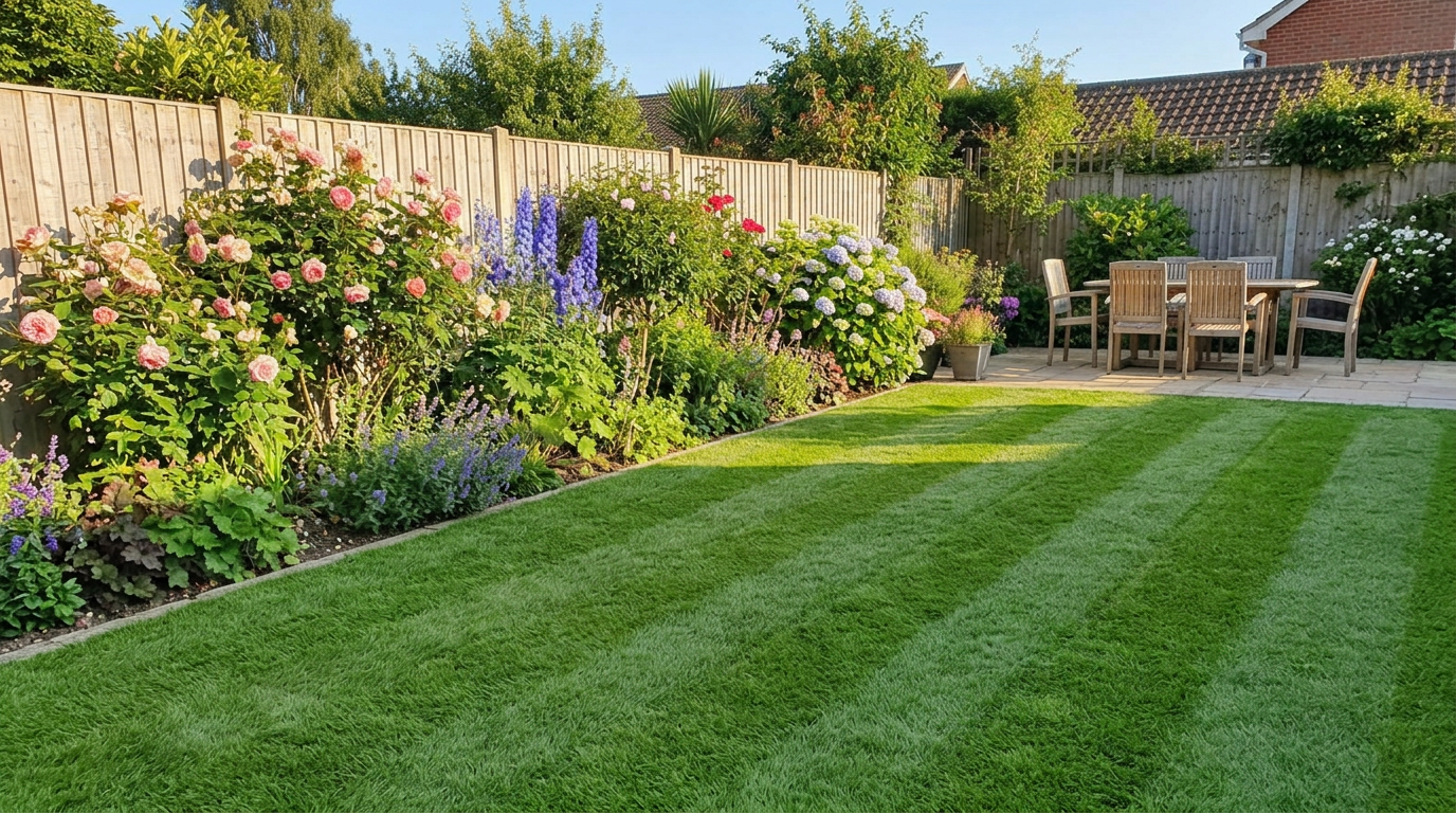 A well-maintained backyard garden with a lush green lawn, vibrant flowering bushes, a wooden fence, and an outdoor dining table with chairs.