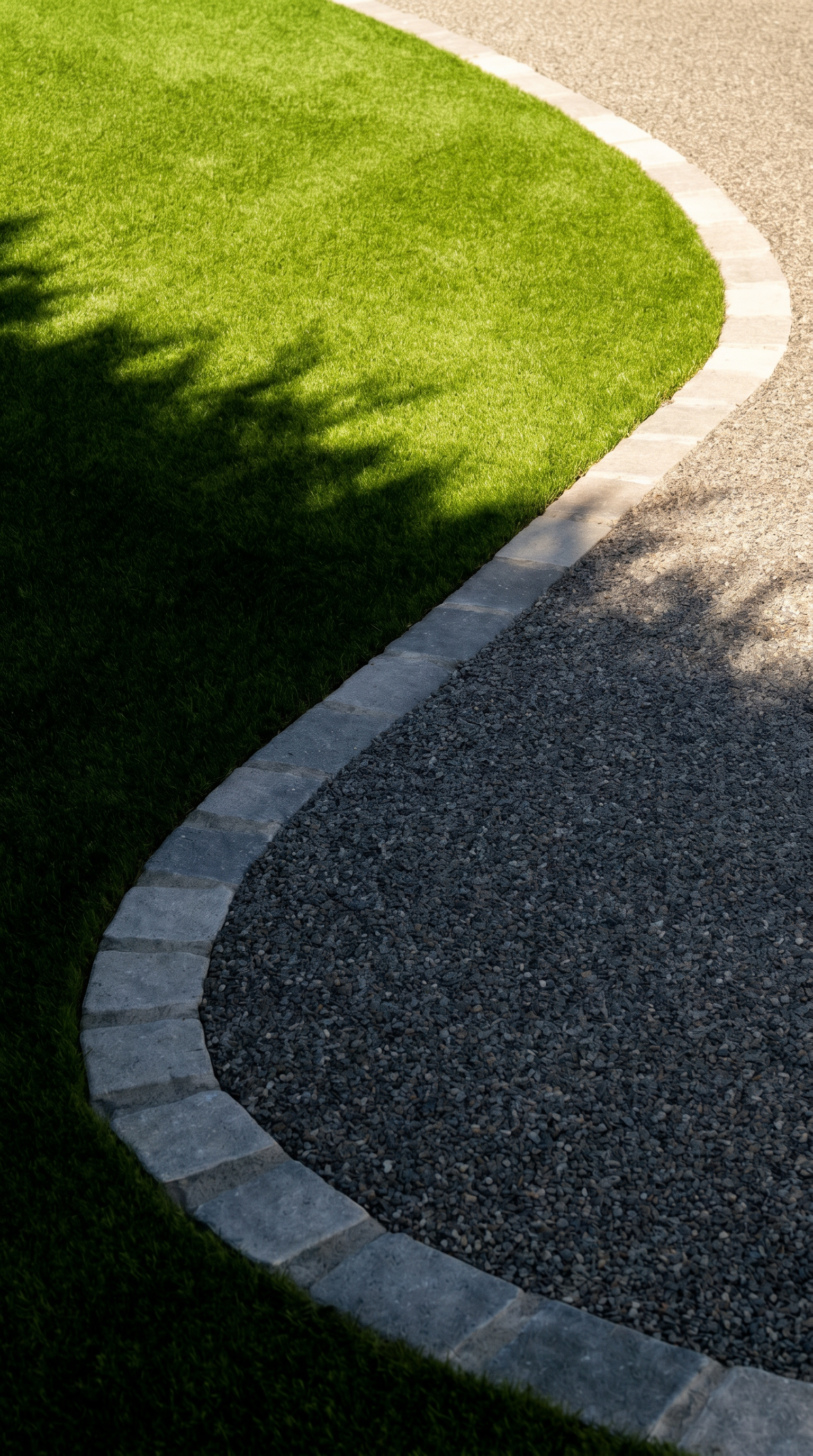 Bordure de jardin en pierre délimitant une allée en gravier et une pelouse parfaitement entretenue.