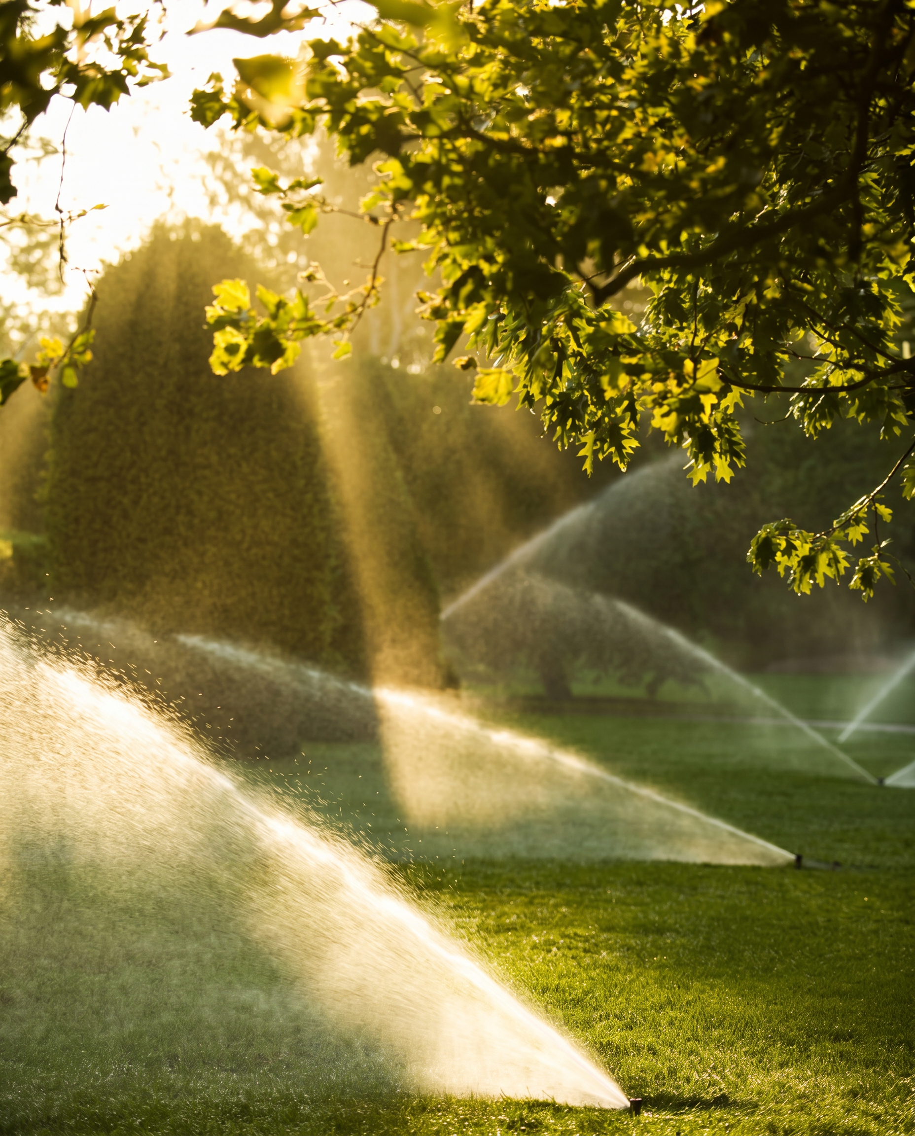 A park scene with lush green grass, trees with bright green leaves, and a sprinkler spraying water, illuminated by golden sunlight.