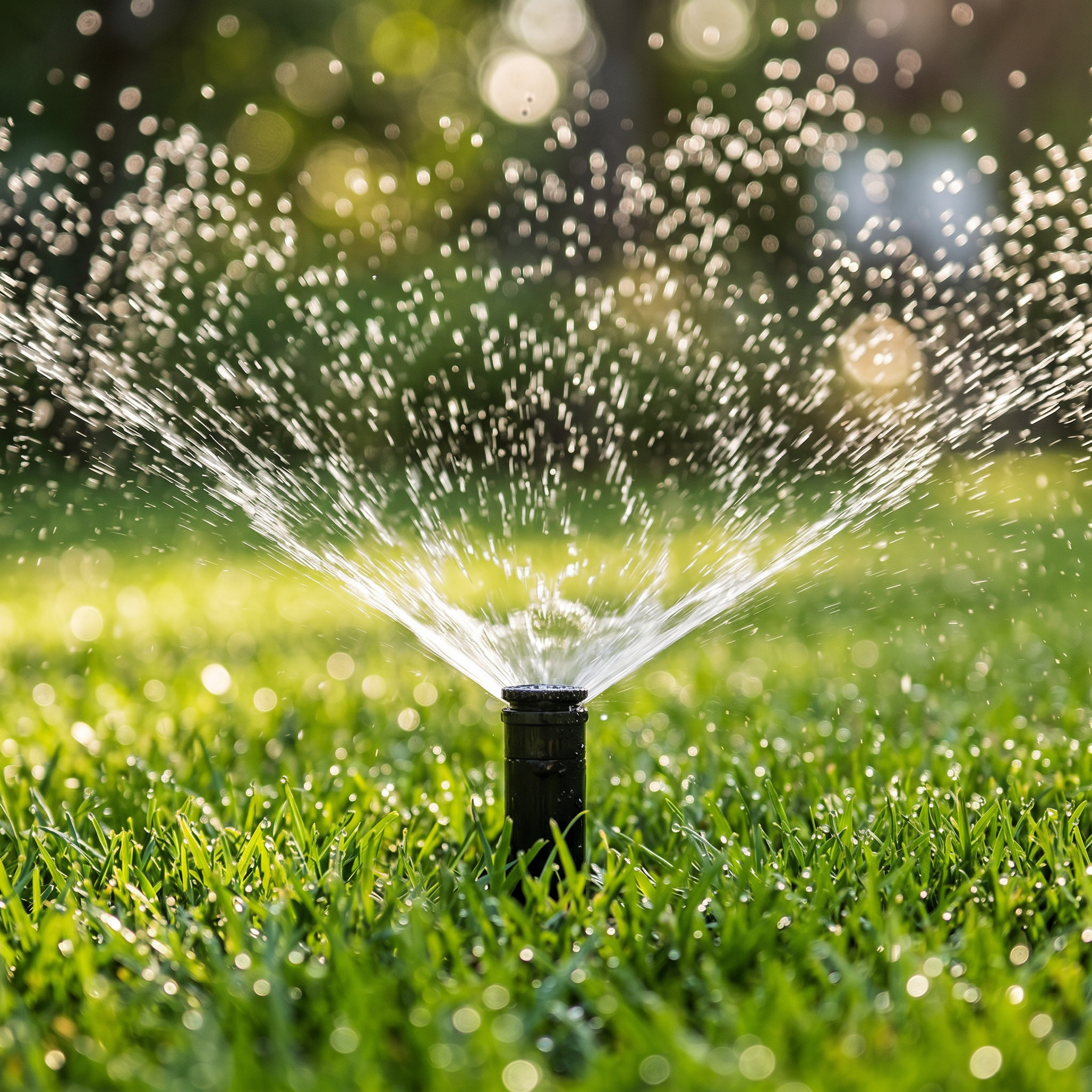 Close-up of a garden sprinkler spraying water over green grass with sunlight creating bokeh effects in the background.