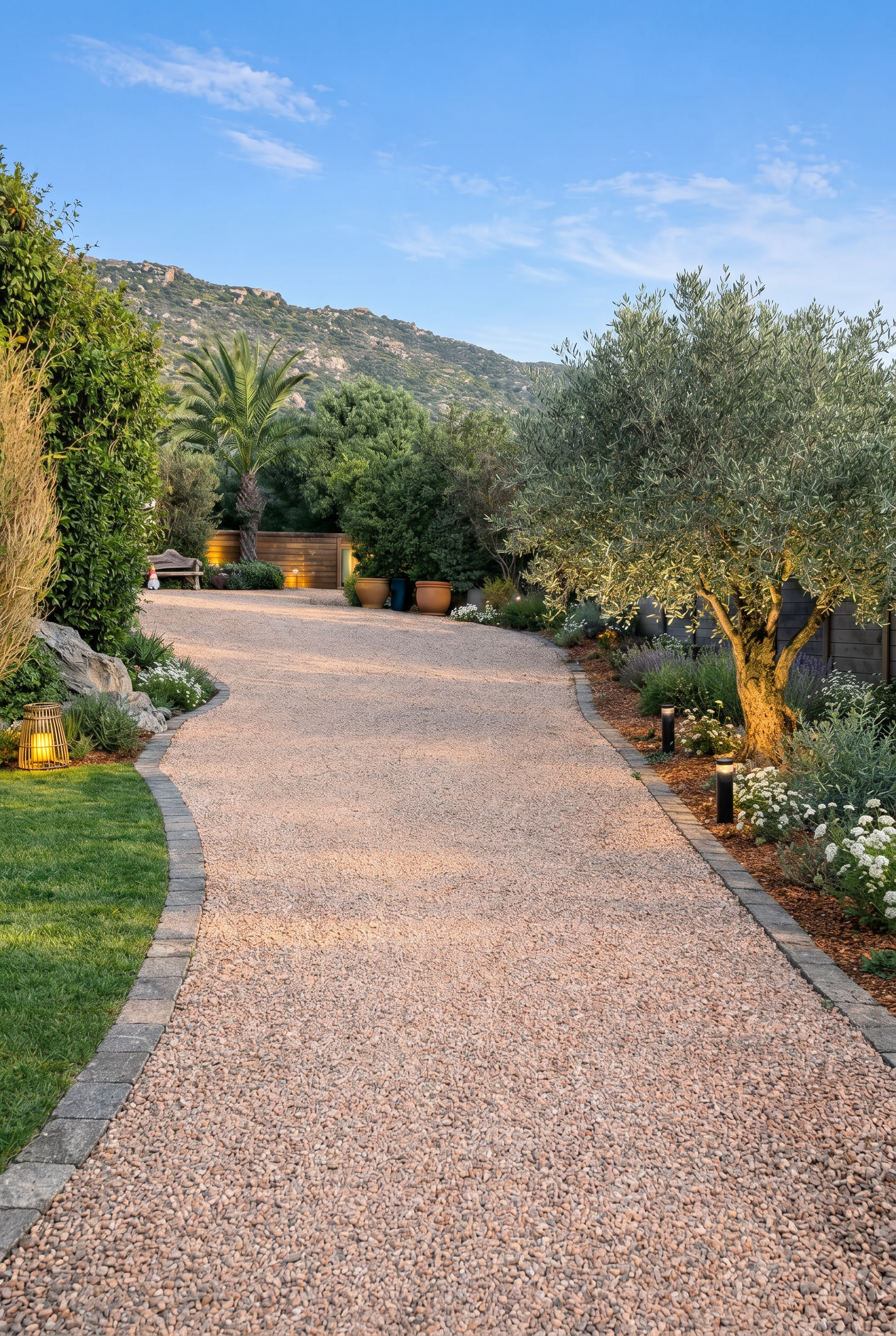 Allée de jardin méditerranéen en gravier bordée d’oliviers, de palmiers et de végétation luxuriante sous un ciel bleu.