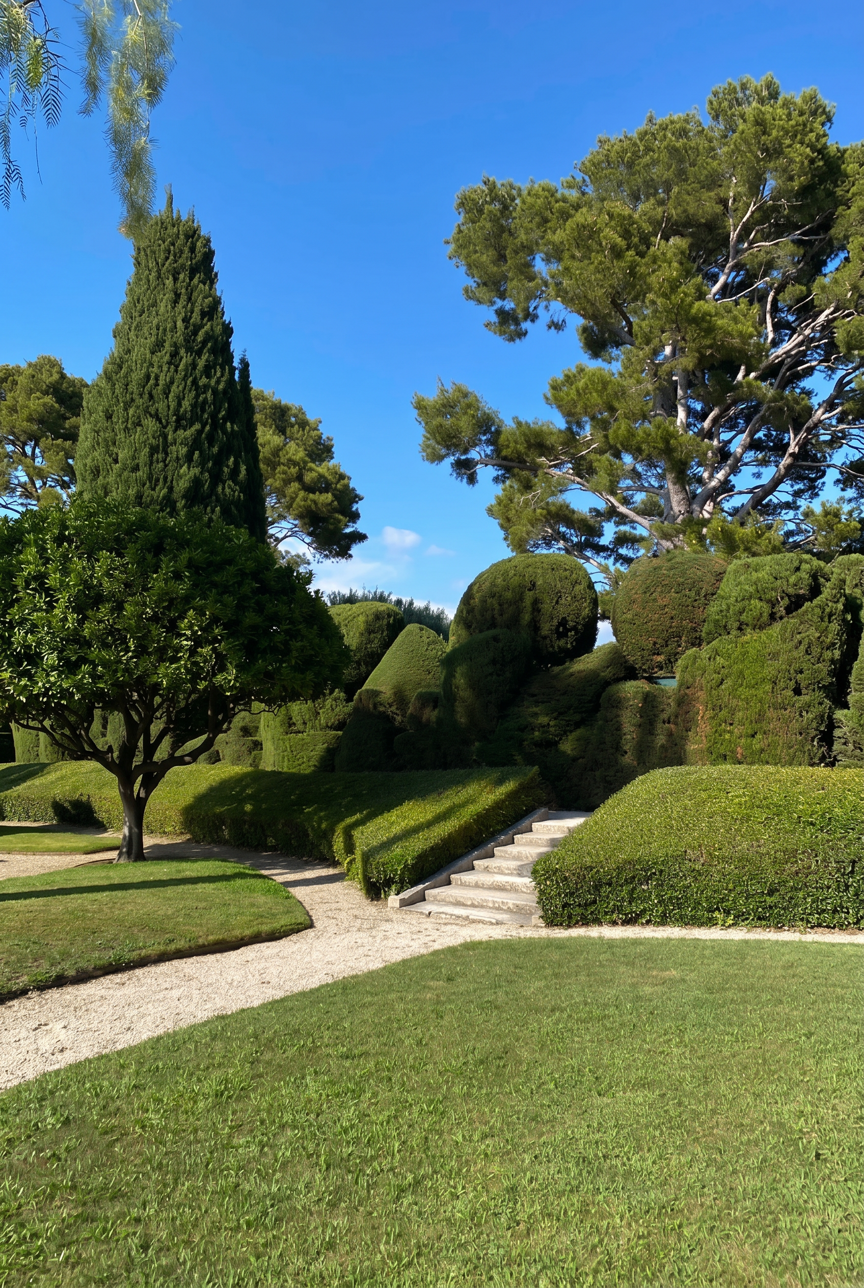 Jardin paysager d’exception associant topiaires sculptées, allées minérales, pelouses impeccables et grands conifères méditerranéens. Un aménagement extérieur élégant et structuré qui met en valeur l’architecture du lieu tout en créant une atmosphère