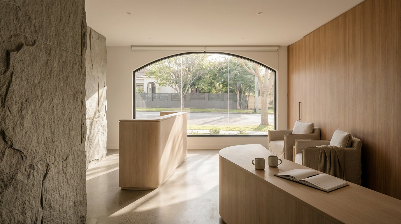 A modern waiting area with a large window showing trees and houses outside, two beige armchairs, a wooden reception desk, a book, and two mugs on a wooden table.