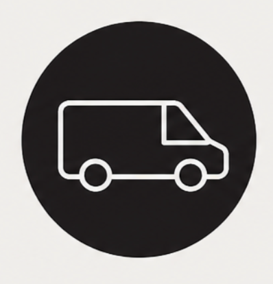 White outline of a delivery truck inside a black circle.