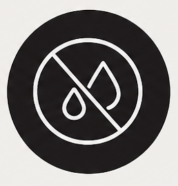 A black circle with a white water droplet and a slash through it, indicating no water or moisture.