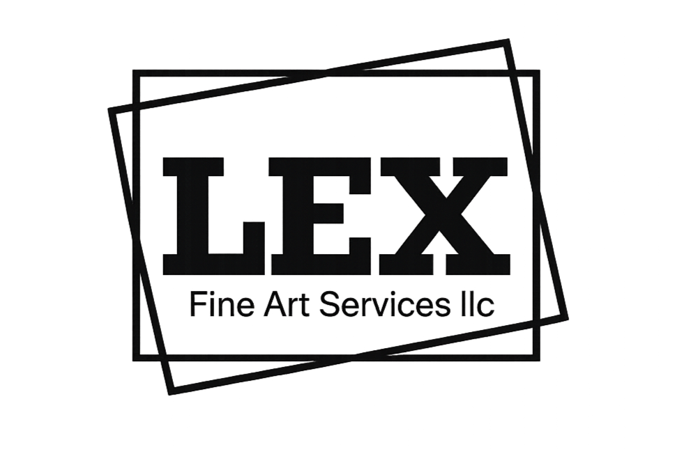 Logo for LEX Fine Art Services LLC, featuring the word 'LEX' in bold black letters with 'Fine Art Services LLC' in smaller text underneath, all enclosed within abstract rectangular frames on a black background.