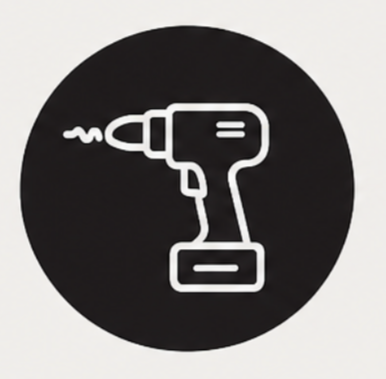 White line drawing of a cordless drill on a black circular background.