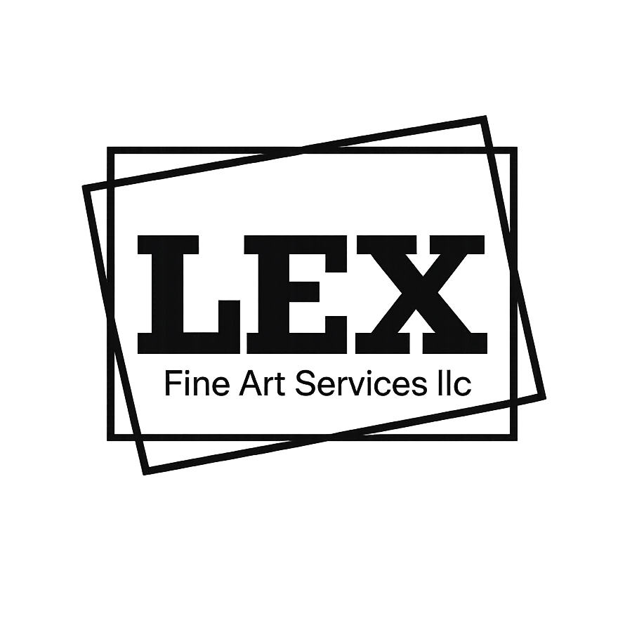 Logo for LEX Fine Art Services LLC with overlapping black frames surrounding the text.
