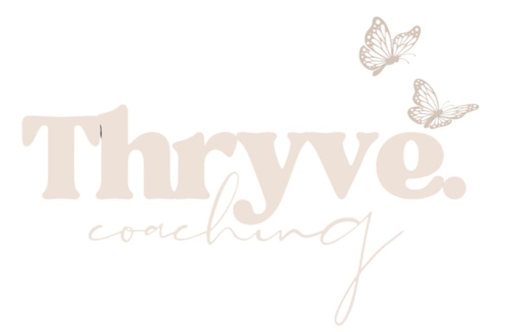 Text says 'Thryve coaching' with two butterflies above and to the right of the text.