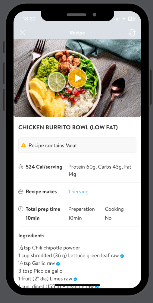 A smartphone screen shows a recipe for Chicken Burrito Bowl (Low Fat) with ingredients and nutritional info, alongside an image of a colorful bowl of burrito ingredients on a wooden table.