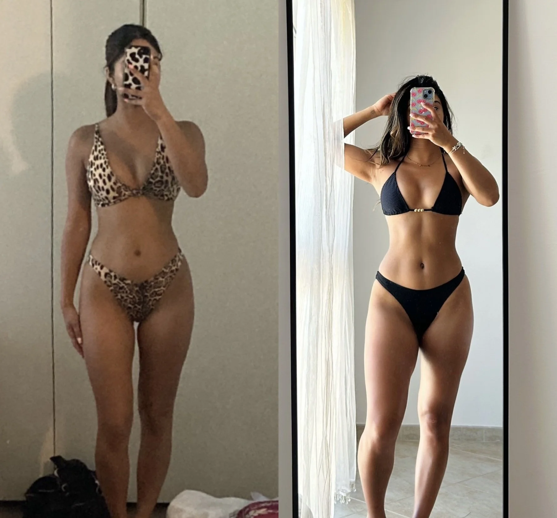 Side-by-side mirror selfies of a woman in a bikini with visible toning and muscle definition