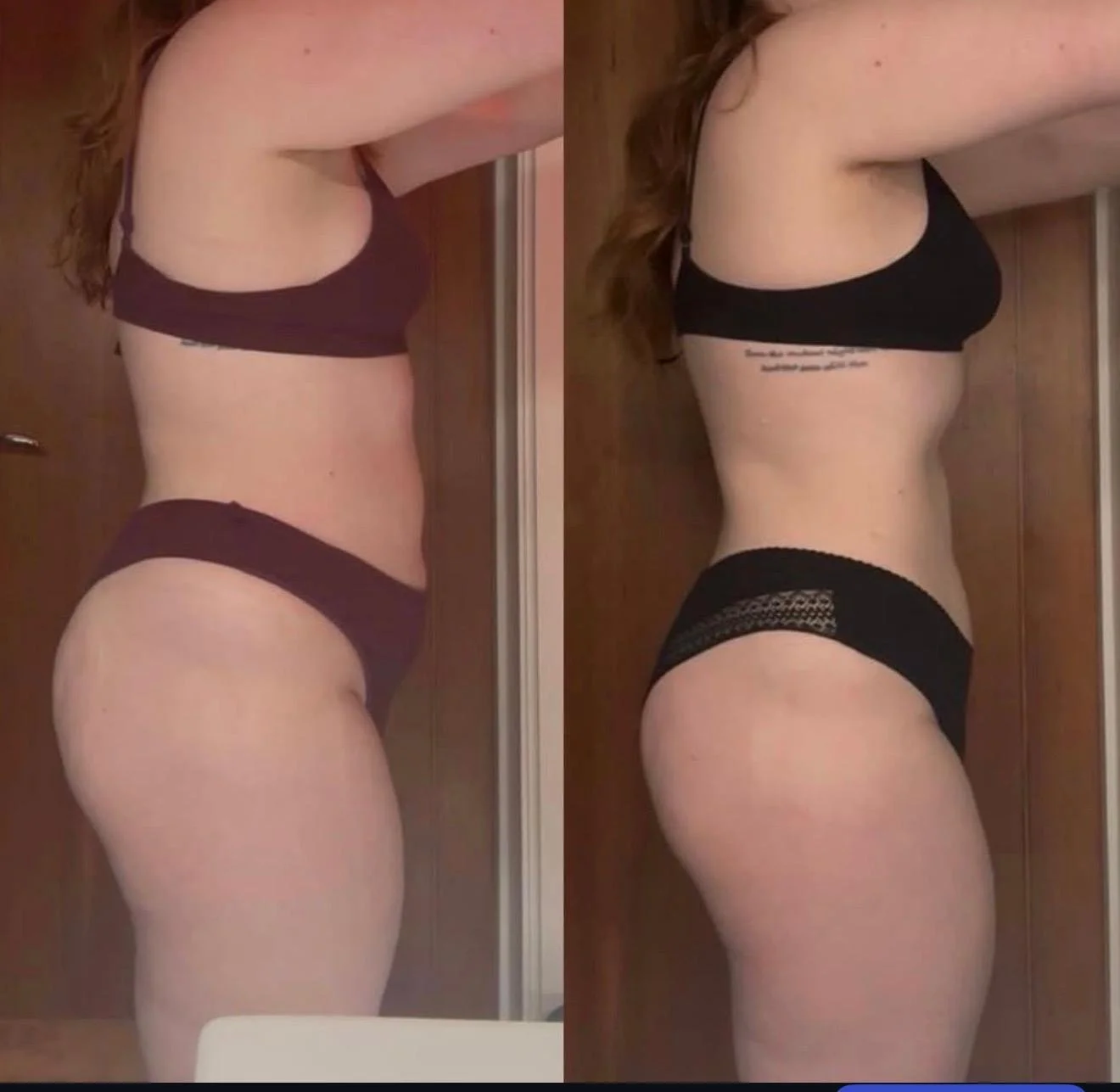 Side-by-side comparison of a woman with physical transformation.