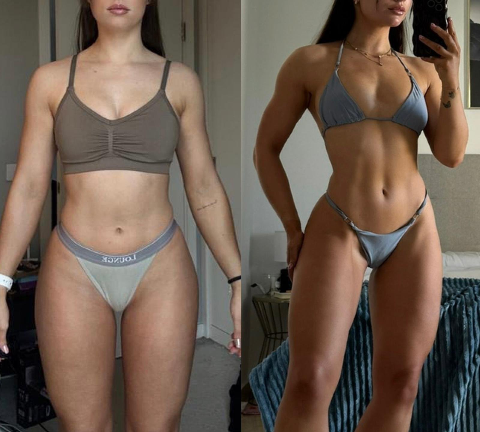 Side-by-side comparison photos of a woman's body before and after weight loss, showing a slimmer figure in the second image