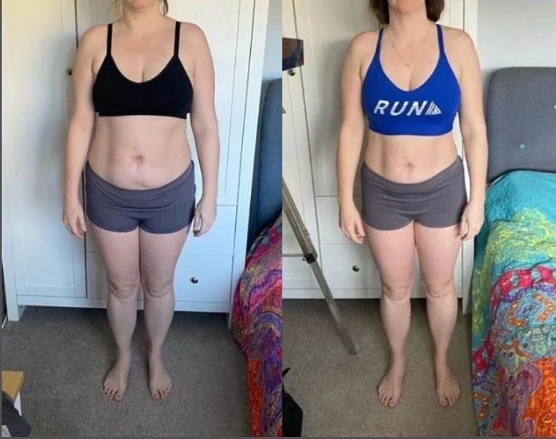 Side-by-side photos of a woman before and after weight loss. She is wearing a sports bra and shorts in both images, with visible physical changes between the two photos.