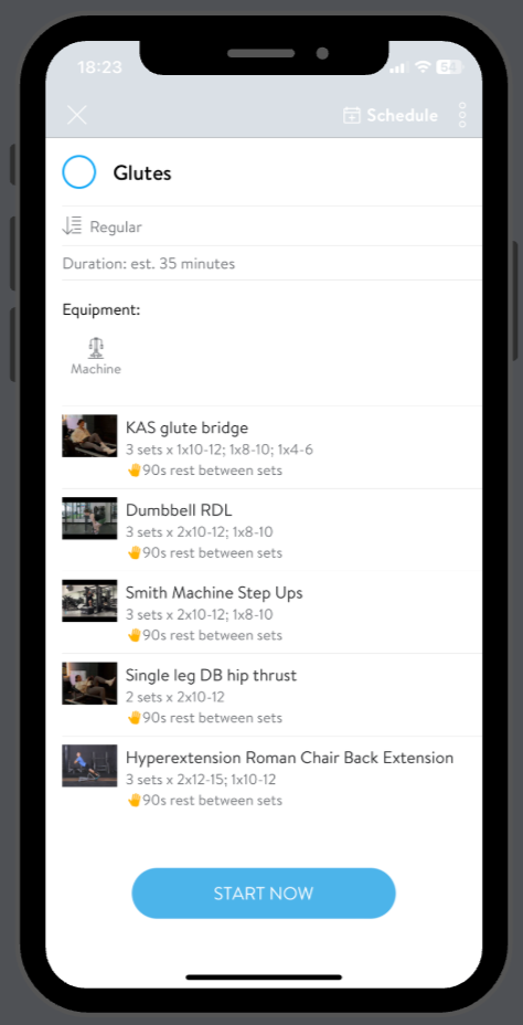 Mobile fitness app screen showing a glutes workout schedule with exercises like glute bridge, dumbbell RDL, Smith machine step ups, single-leg DB hip thrust, and hyperextension Roman chair back extension. A blue 'Start Now' button is at the bottom.
