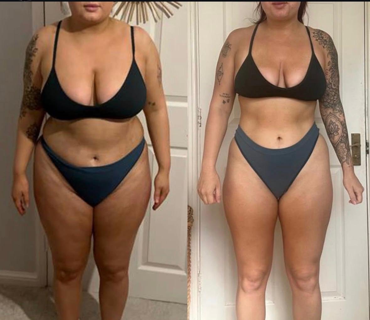 Side-by-side comparison photo of a woman before and after weight loss, wearing black sports bra and dark gray underwear, showing a significant reduction in body size and improved muscle tone.