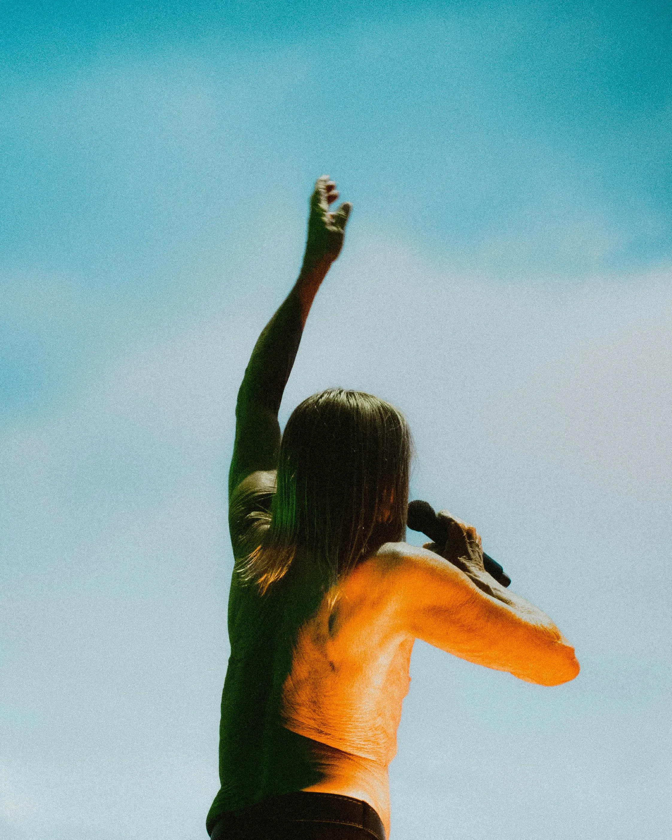 Iggy Pop is singing into a microphone with their arm raised, set against a blue sky.