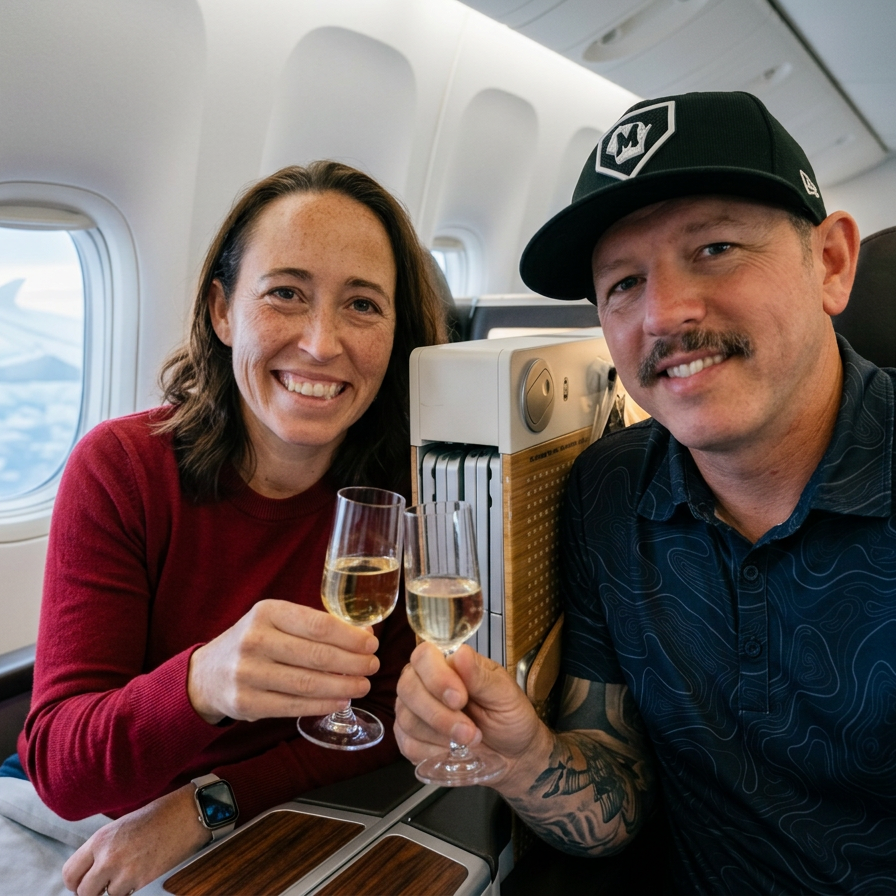 A woman and a man on an airplane smiling and holding glasses of champagne for a toast.