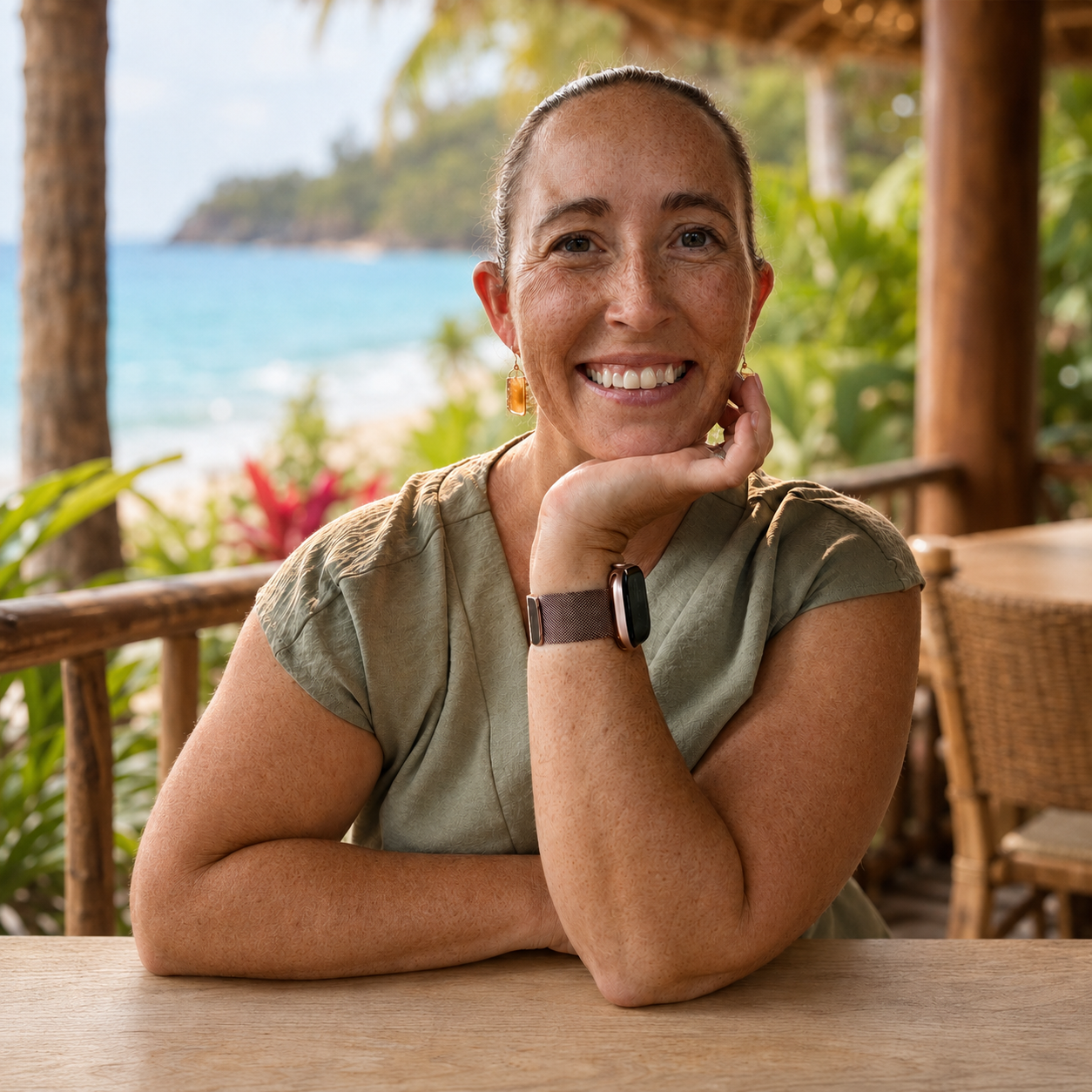 Smiling woman with freckles and blonde hair in a bun, sitting at a table in a tropical outdoor setting with ocean and palm trees in the background.