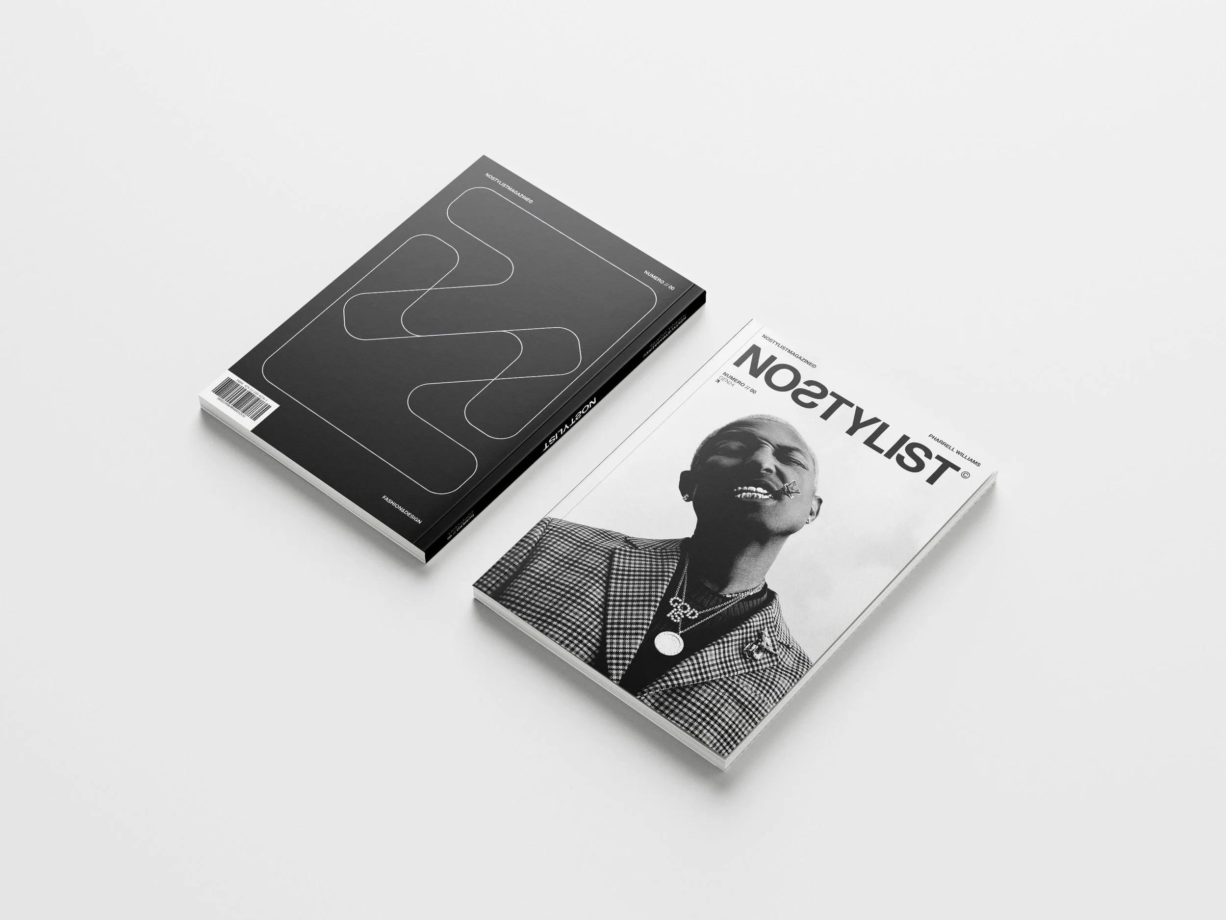 Black and white fashion magazine with a woman smiling and wearing jewelry, next to a black book with abstract line art on the cover, placed on a white surface