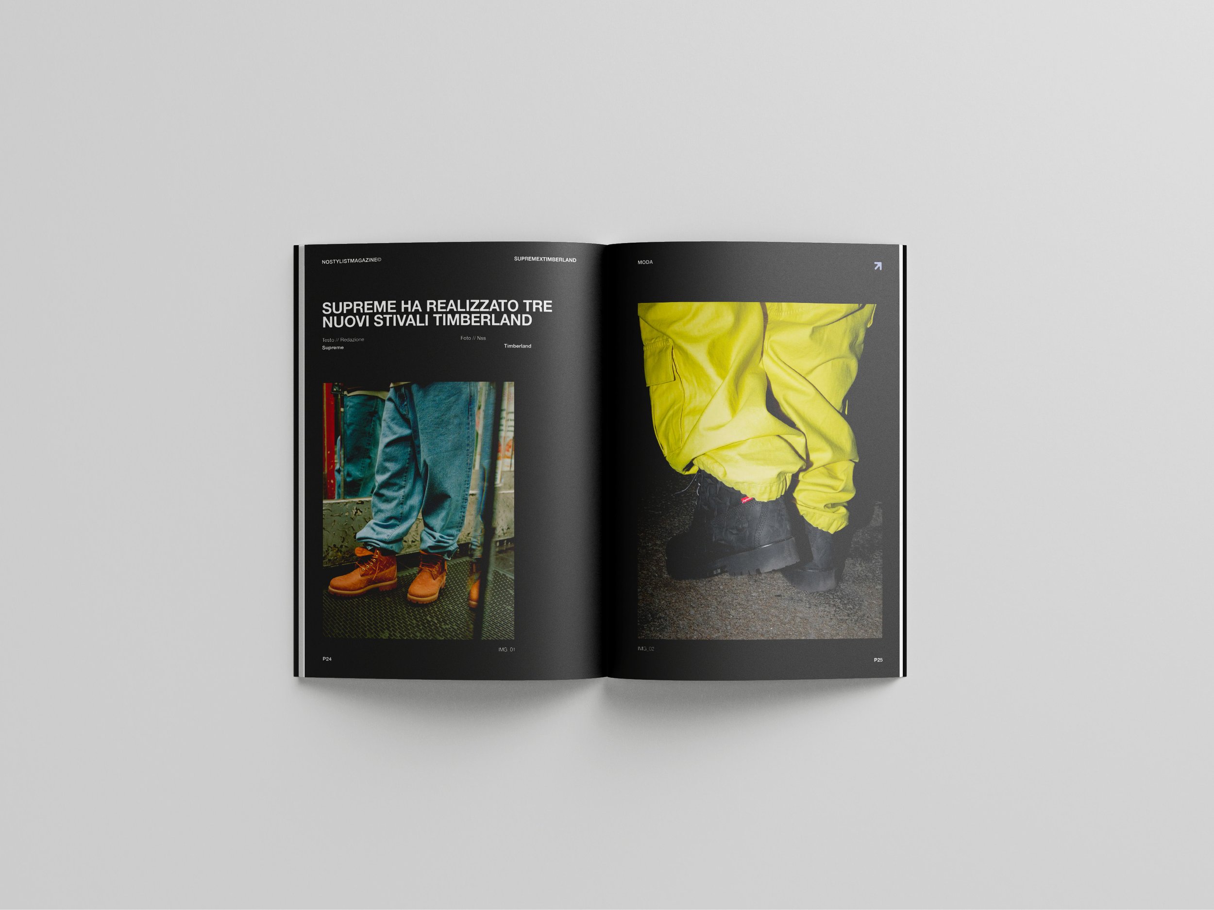 Open magazine displaying pages with fashion images. The left page features a person wearing blue jeans and tan boots. The right page shows a person in yellow pants and a yellow jacket.