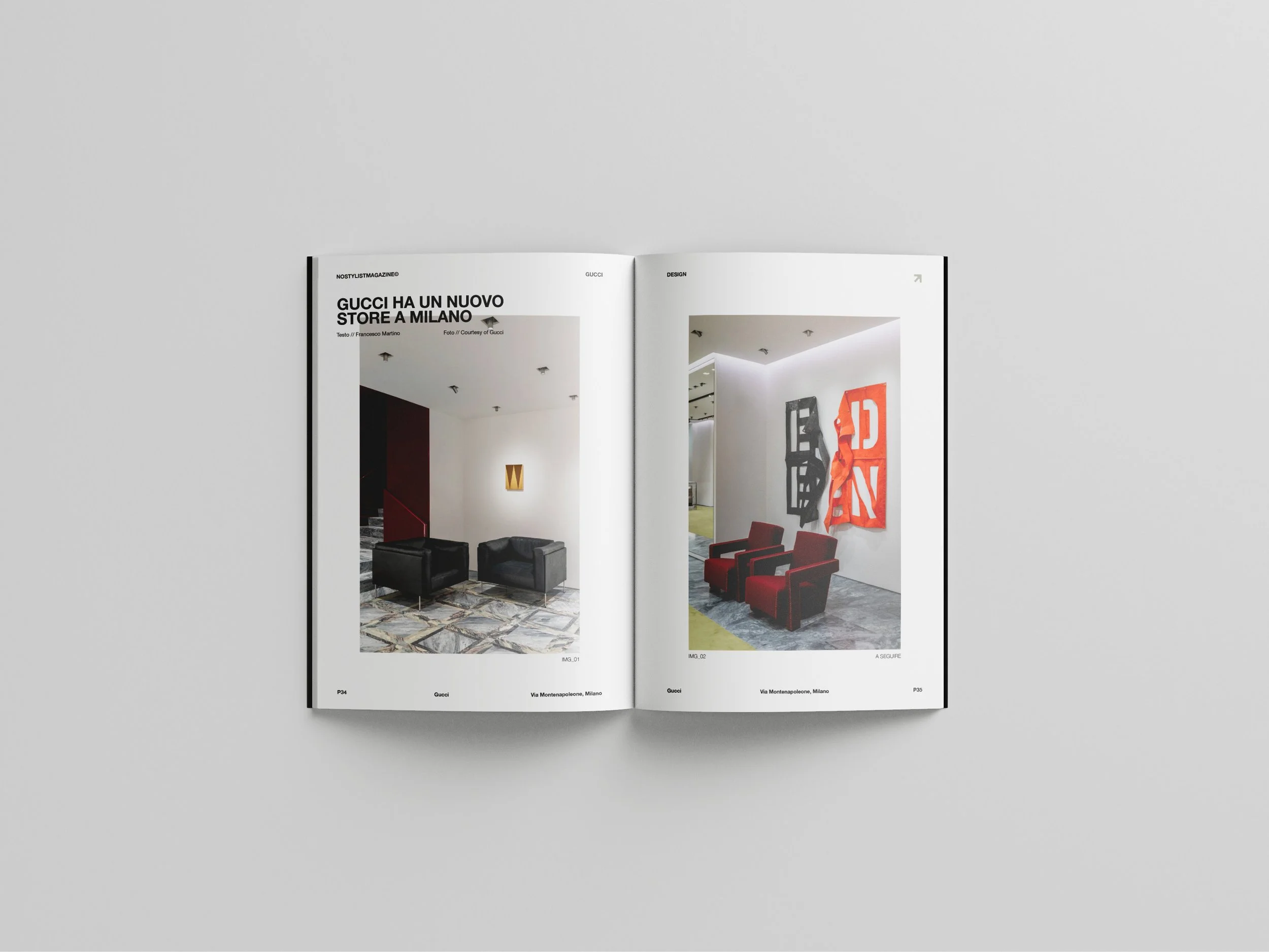 Open magazine displaying interior images of modern furniture and artwork in a stylish space.