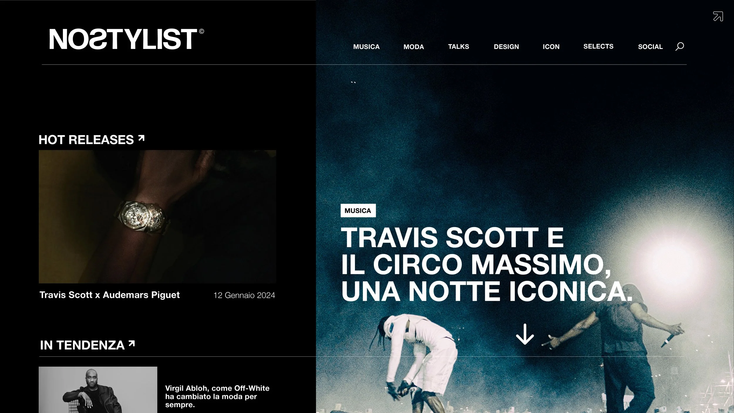 A webpage from NOSTYLIST featuring a music article about Travis Scott and the Astroworld concert, with images of a wristwatch and a person skateboarding.