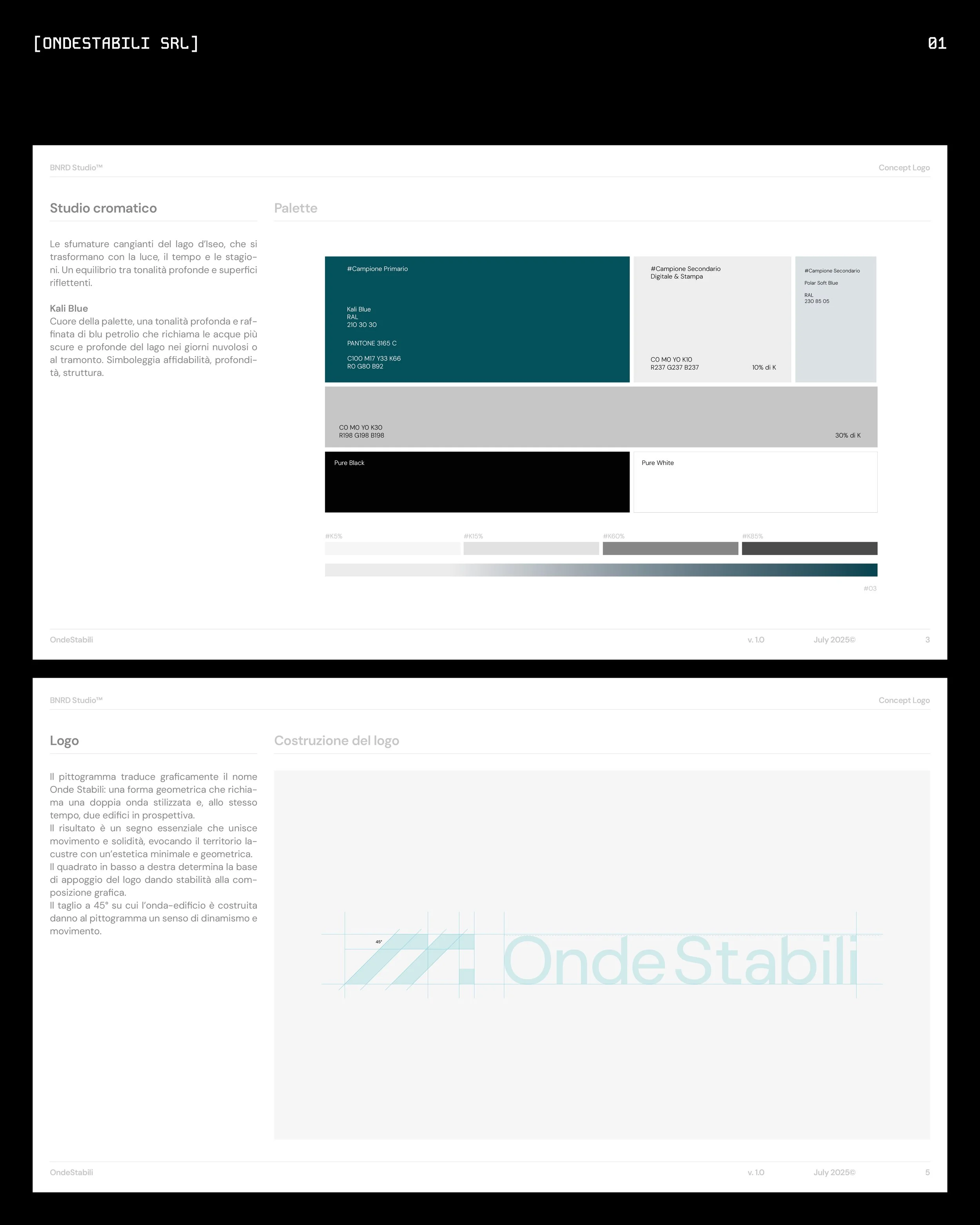 A digital design presentation slide with a black background and white text at the top left corner. The slide contains a white section with text in Italian on the left side, describing color studies inspired by lakes and water. To the right, there is 