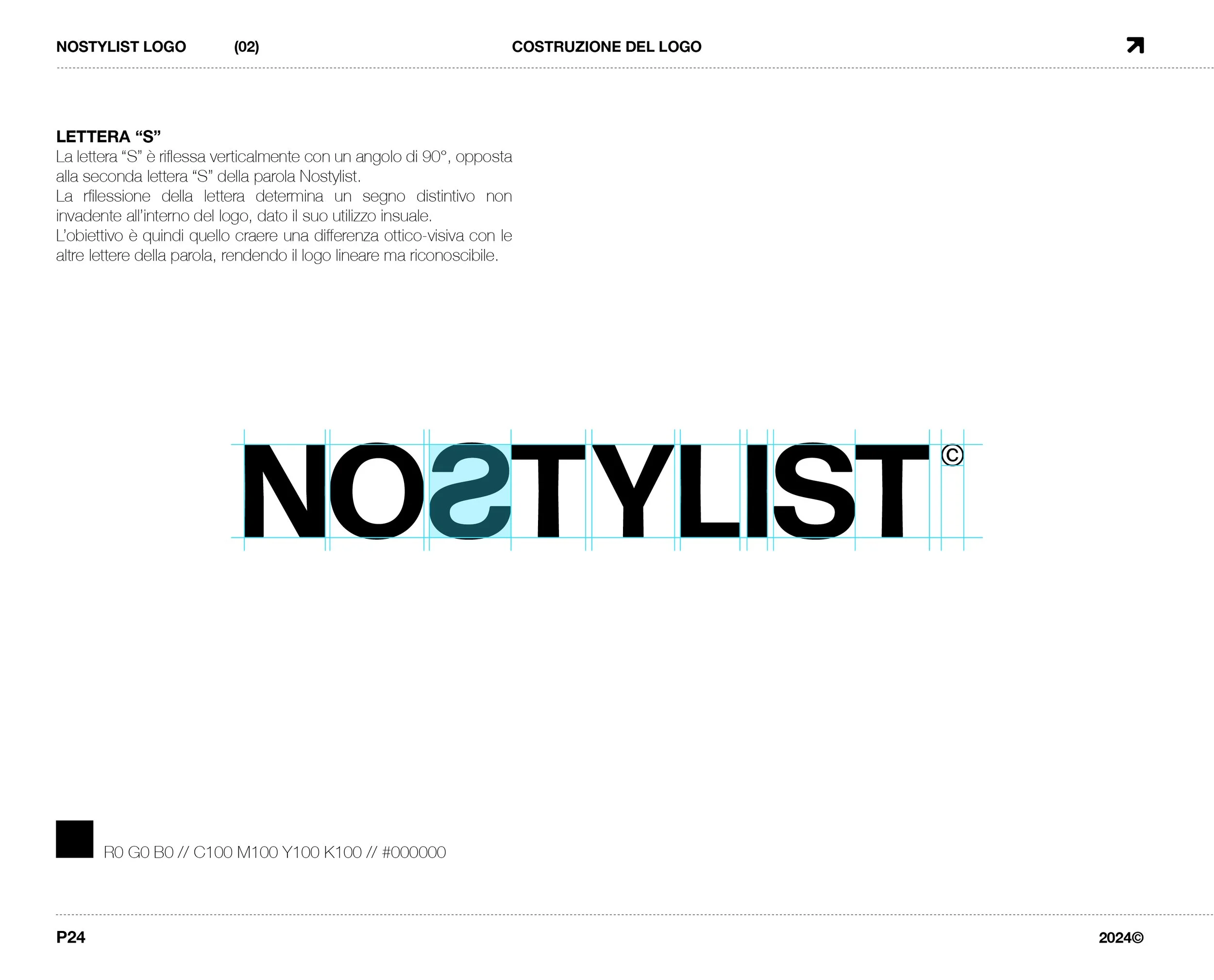 A technical design page with text explaining the construction of the letter 'S' in a logo, containing grid lines and measurements, along with a small black square at the bottom and text indicating the page number and date.