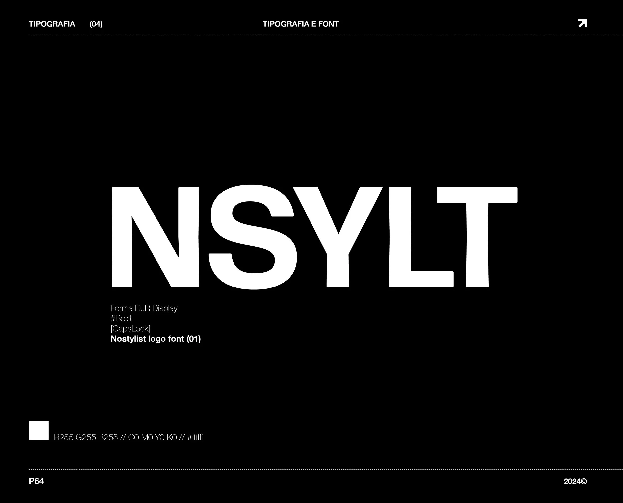 A black background page with white text discussing typography, fonts, and font specifications, featuring the words 'NOSTYLIST' and details about font styles, sizes, and color codes.