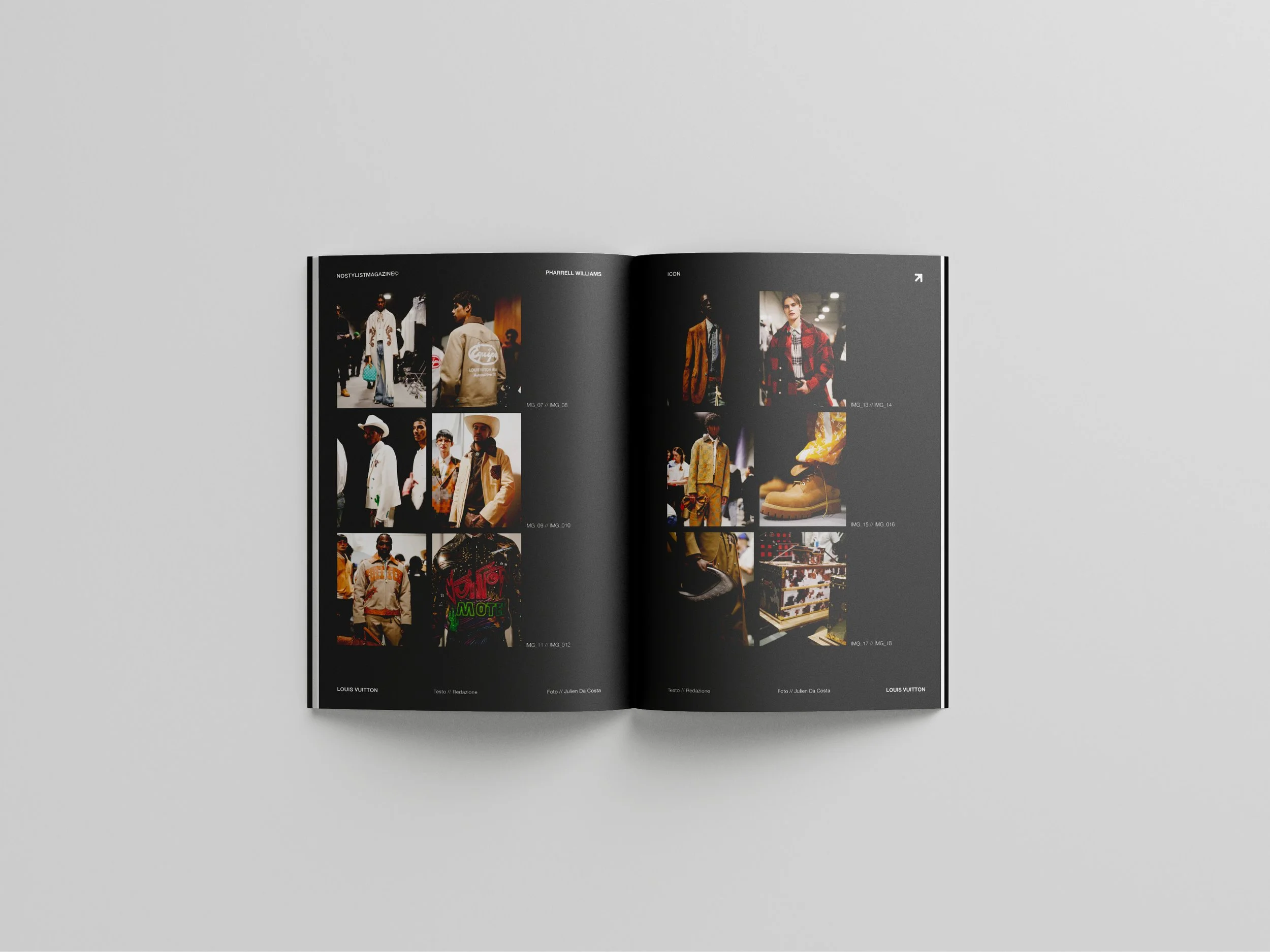 An open magazine featuring various photos of fashion models and clothing on a light gray background.