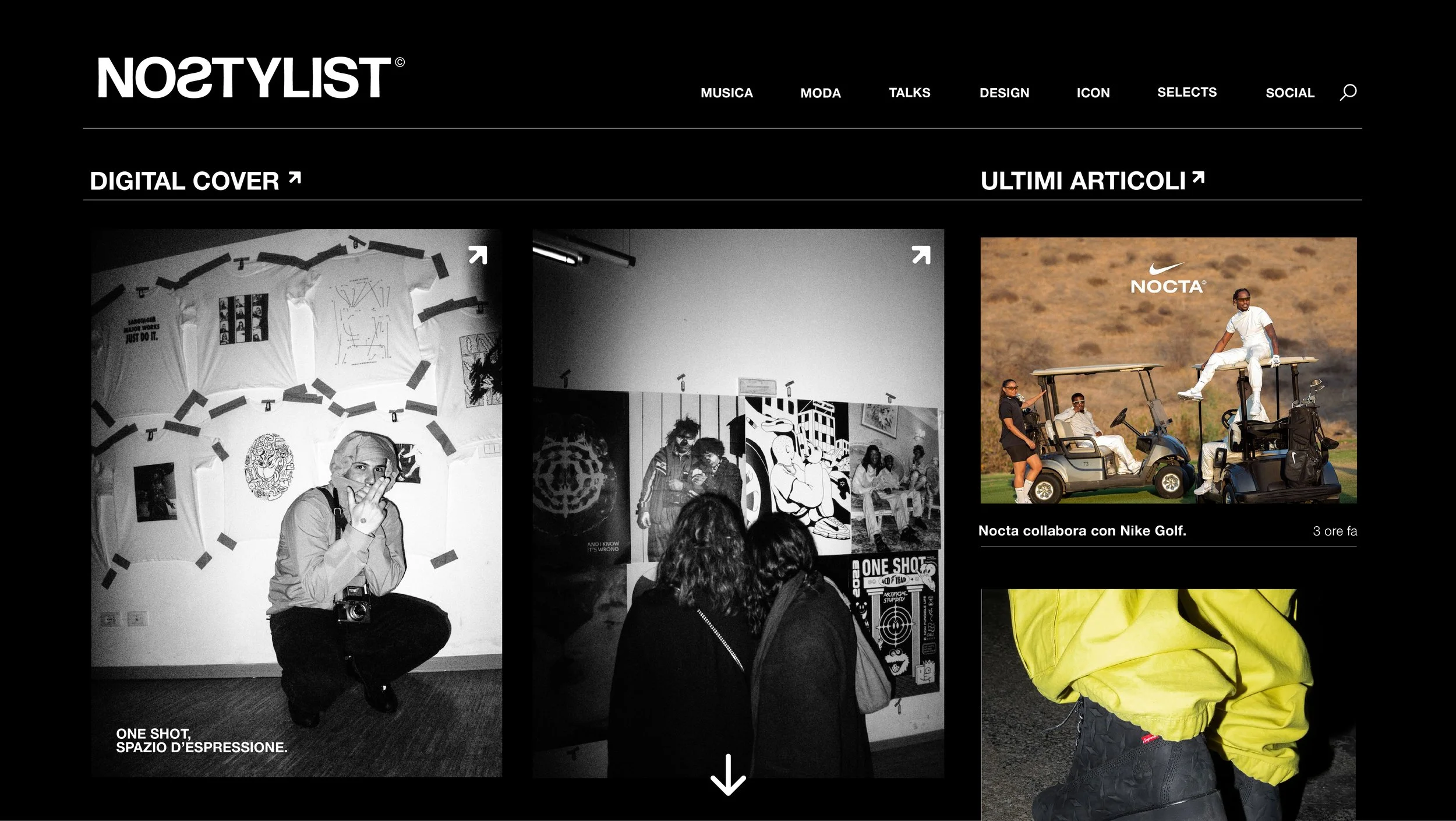 Screenshot of a webpage featuring various articles and images. The main content includes a black-and-white photo of a person sitting on the floor making a peace sign, and a color image of people riding golf carts in a desert setting. The webpage appe